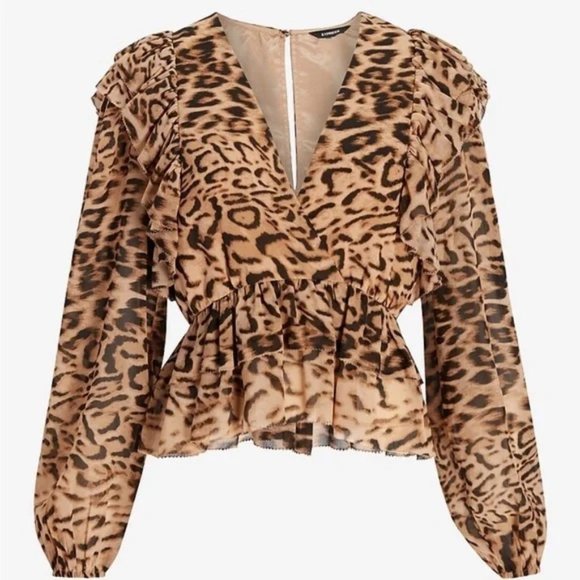 Leopard Print Ruffle Tiered Peplum Blouse - Picture 1 of 7